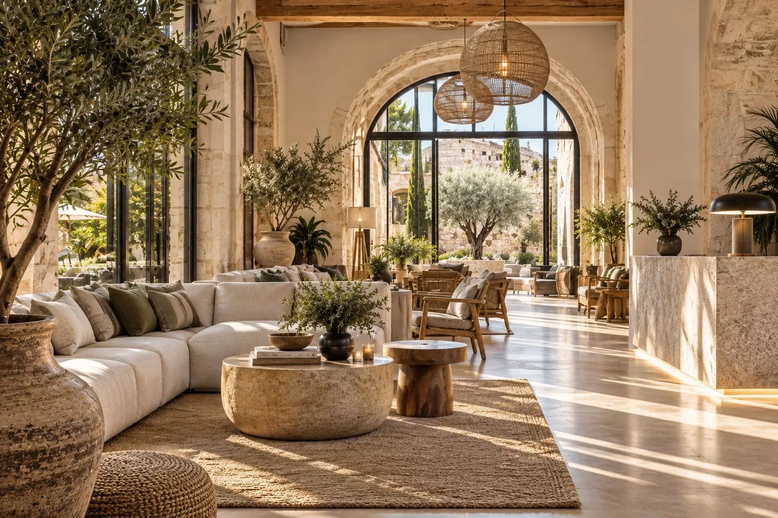 Mediterranean hotel lobby in Mallorca with natural stone arches, olive trees and rattan pendant lights